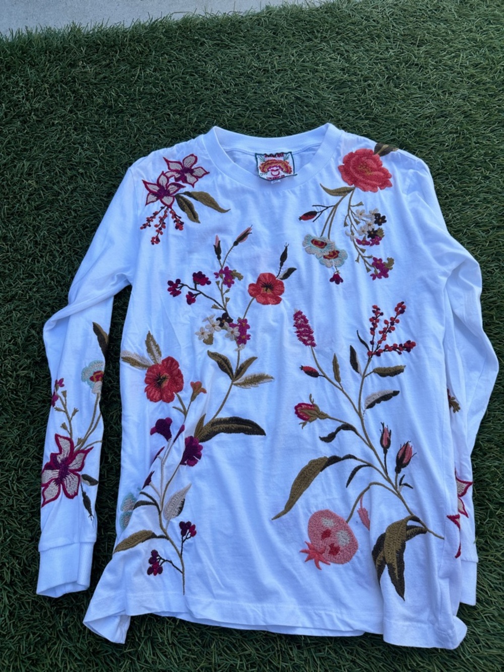 Johnny Was White Long Sleeve Tee with Red & Pink Floral Embroidery
